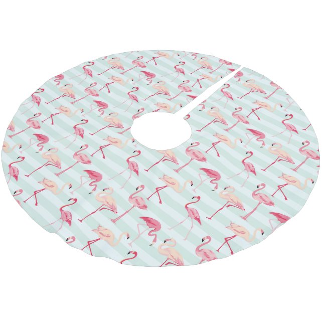 Retro Flamingos On Mint Stripes Brushed Polyester Tree Skirt (Angled)