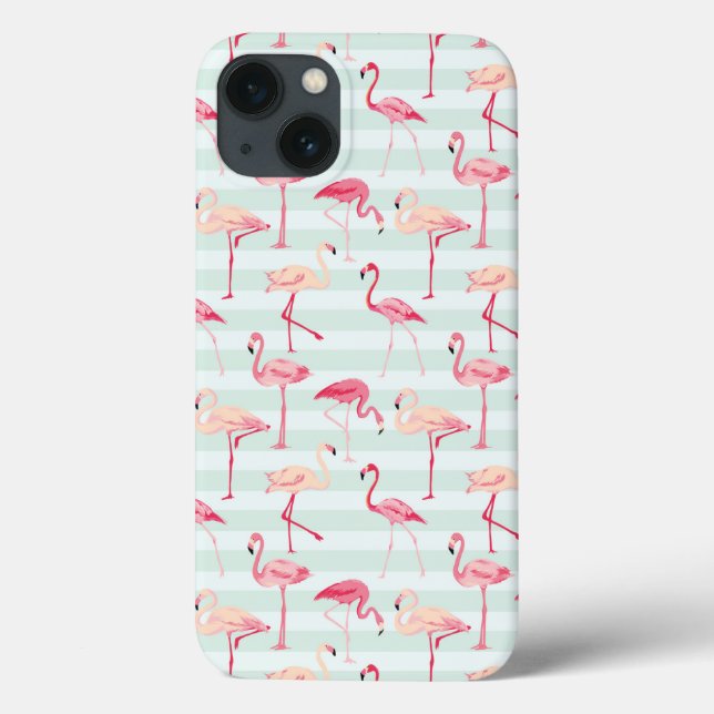 Retro Flamingos On Mint Stripes Case-Mate iPhone Case (Back)