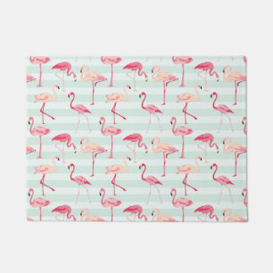 Retro Flamingos On Mint Stripes Doormat