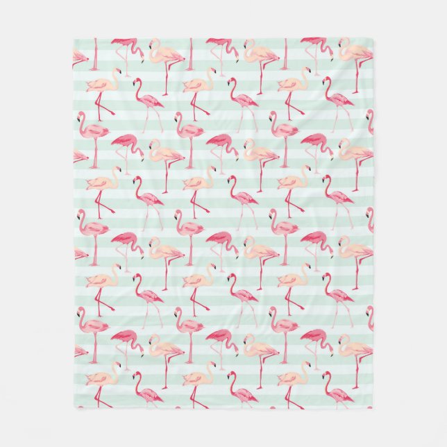 Retro Flamingos On Mint Stripes Fleece Blanket (Front)