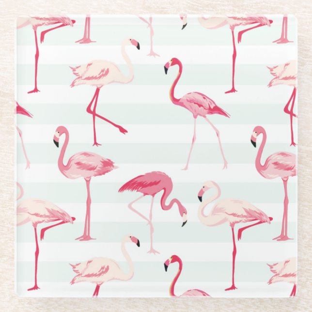 Retro Flamingos On Mint Stripes Glass Coaster (Front)