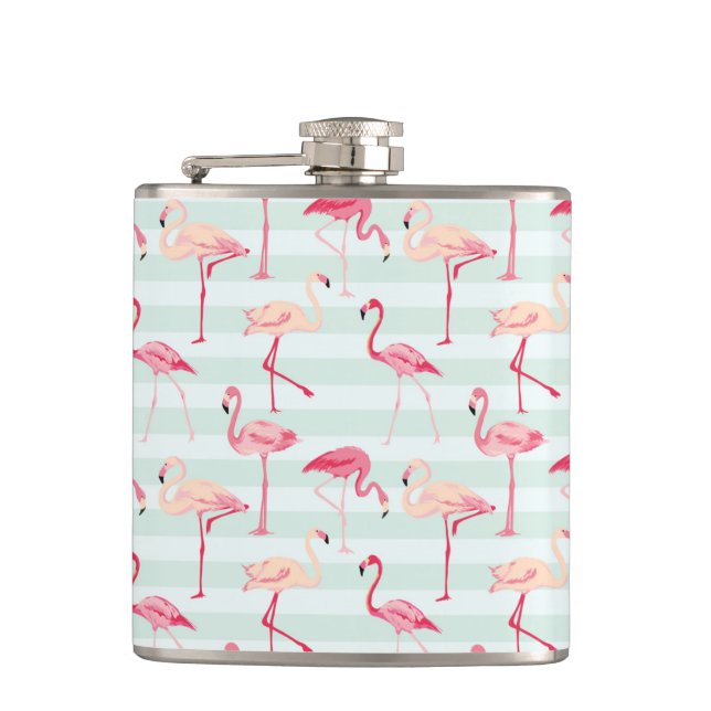 Retro Flamingos On Mint Stripes Hip Flask (Front)