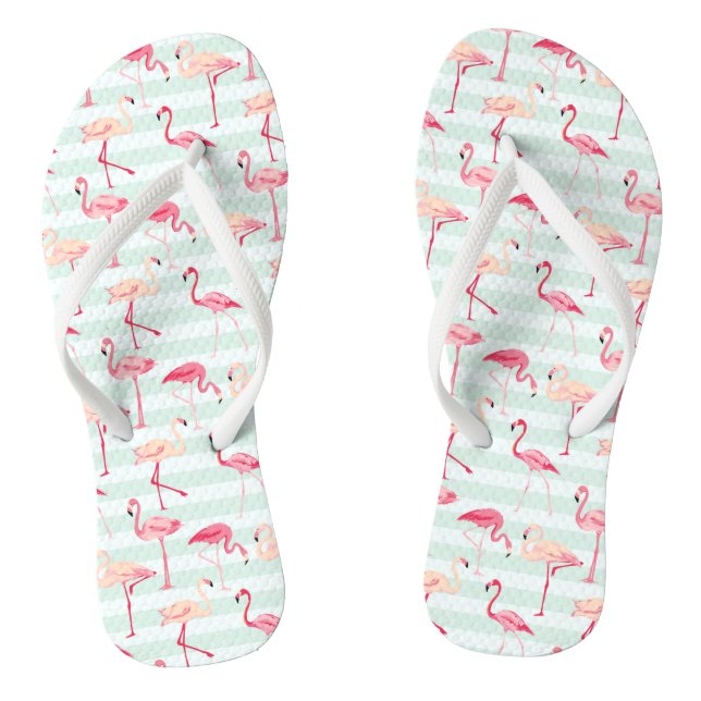 Retro Flamingos On Mint Stripes Jandals (Footbed)