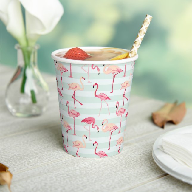 Retro Flamingos On Mint Stripes Paper Cups (Insitu)
