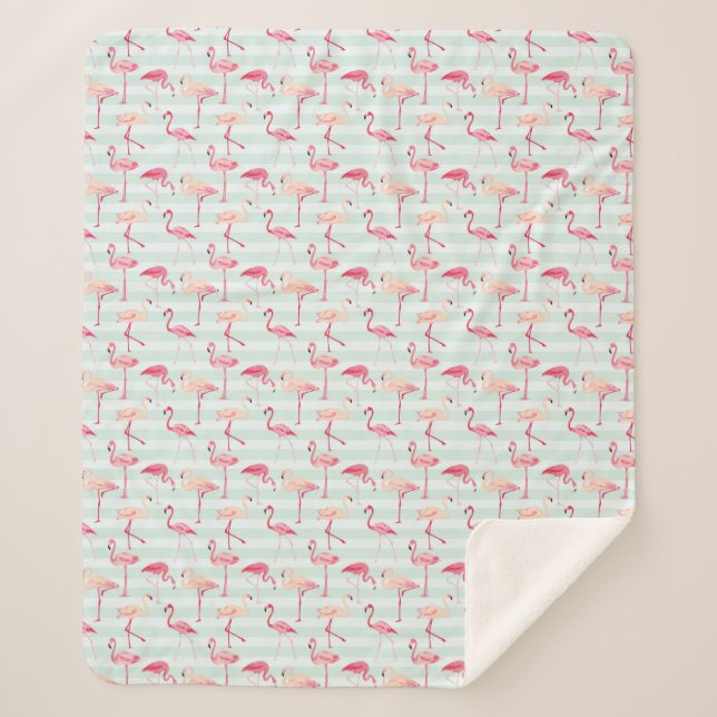 Retro Flamingos On Mint Stripes Sherpa Blanket (Front)