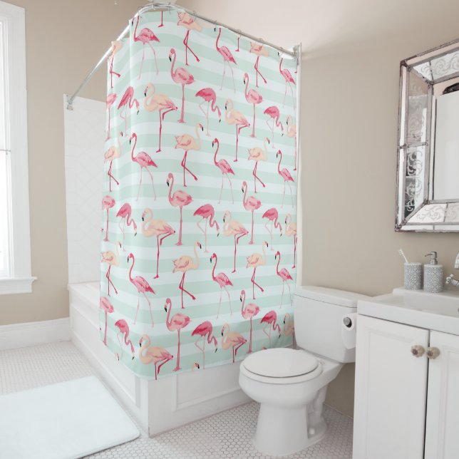 Retro Flamingos On Mint Stripes Shower Curtain (In Situ)