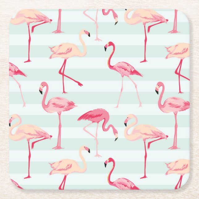 Retro Flamingos On Mint Stripes Square Paper Coaster (Front)