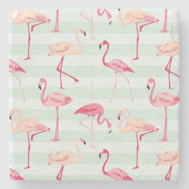 Retro Flamingos On Mint Stripes Stone Coaster (Front)