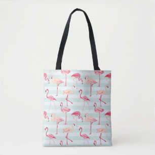 Retro Flamingos On Mint Stripes Tote Bag
