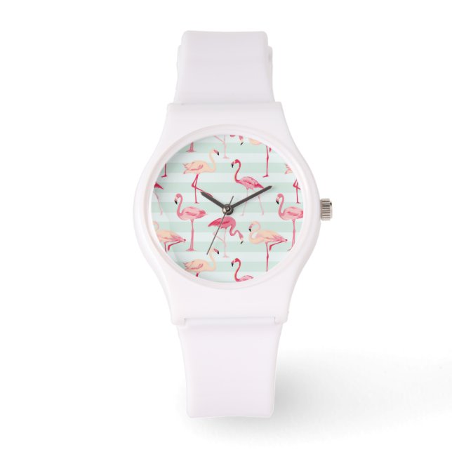 Retro Flamingos On Mint Stripes Watch (Front)