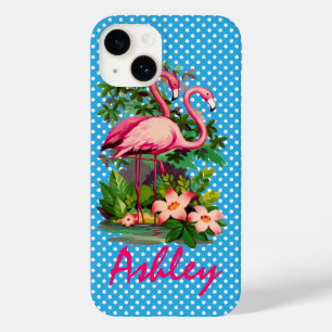 Retro Flamingos & Polka Dots Personlized Case-Mate iPhone 14 Case