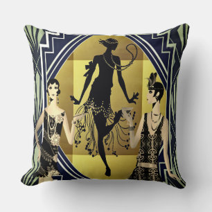 Retro Flapper Dancers Black Gold Cushion