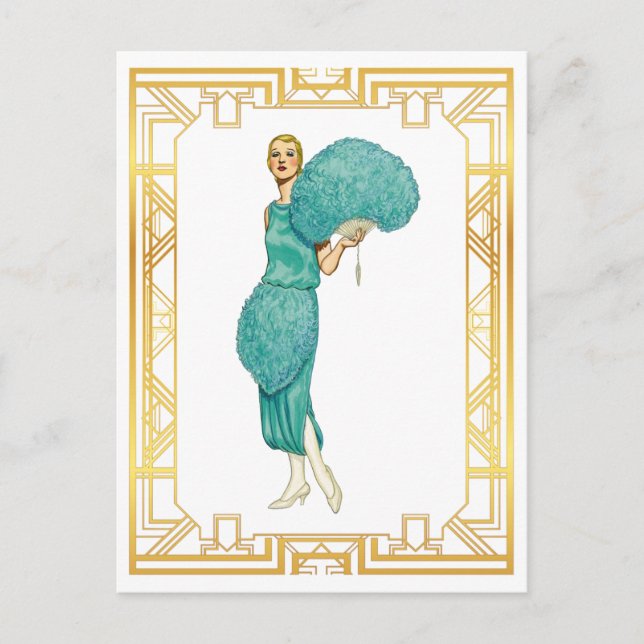Retro Flapper Teal Feather Dress Vintage Art Postcard (Front)
