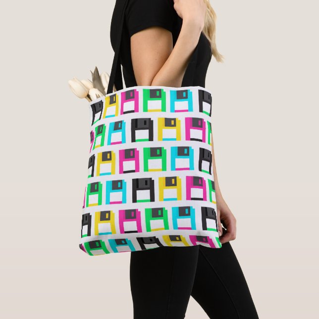 Retro Floppy Disc Pixel Pattern Colourful Tote Bag (Close Up)