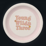 Retro Floral 3rd Birthday Young Wild & Three Paper Plate<br><div class="desc">Pink "young wild & three" paper plates for a retro floral theme third birthday celebration.</div>