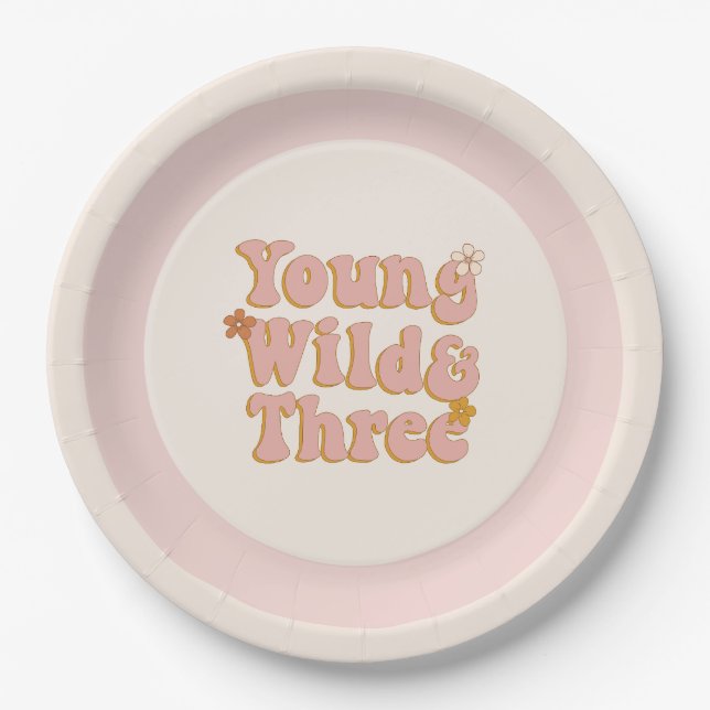Retro Floral 3rd Birthday Young Wild & Three Paper Plate (Front)