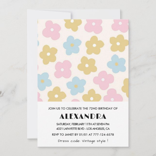 Retro Floral 72nd birthday invitations  (Front)