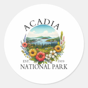 Retro Floral Acadia National Park Hiking Camping O Classic Round Sticker