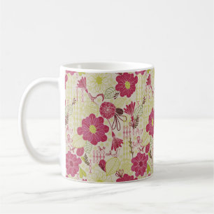 Retro Floral and Birds Sketch Pattern Coffee Mug