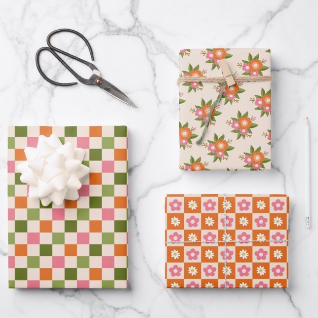 Retro Floral and Chequerboard Pink Orange Green Wrapping Paper Sheet (Front)