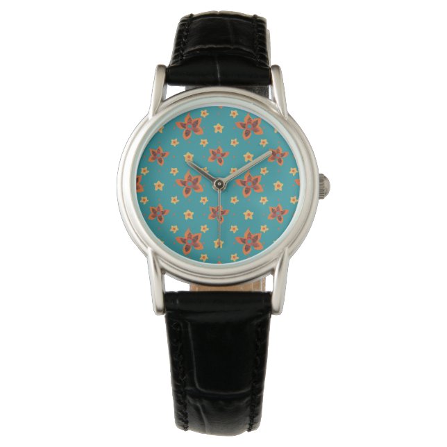 Retro Floral and Polka Dots on Teal Wristwatch (Front)