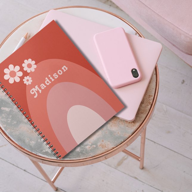 Retro Floral Arch Personalised Name Notebook (Groovy daisy arch orange custom name notebook )