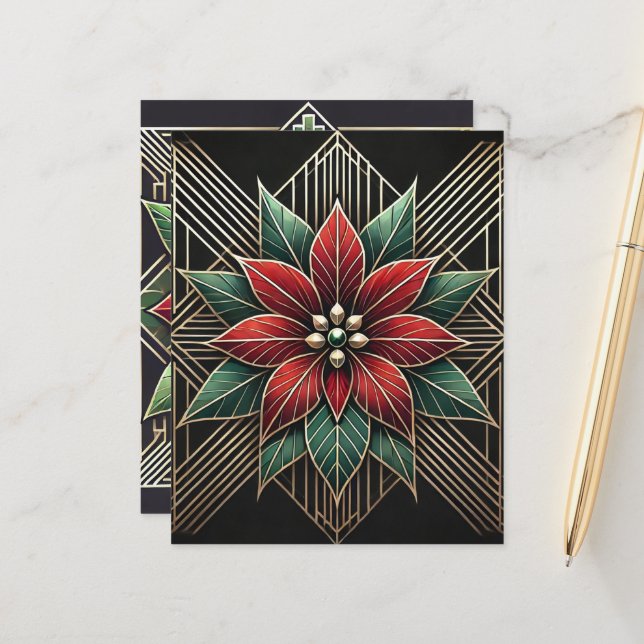 Retro Floral Art Deco Poinsettia Scrapbook Paper (Front/Back In Situ)