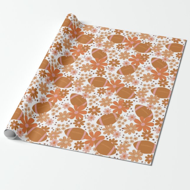 Retro Floral Autumn Fall Vibes Football Pattern Wrapping Paper (Unrolled)