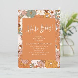 Retro Floral Baby Shower Warm Orange Vintage Fall Invitation