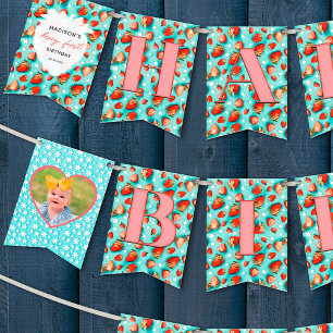 Retro Floral Berry First Happy Birthday Photo Bunting