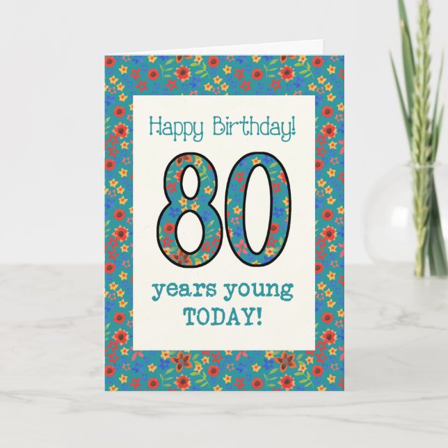 Retro Floral Birthday Card 80 Years Young (Front)