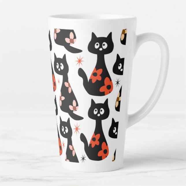 Retro Floral Black Cat (White) Latte Mug (Right)