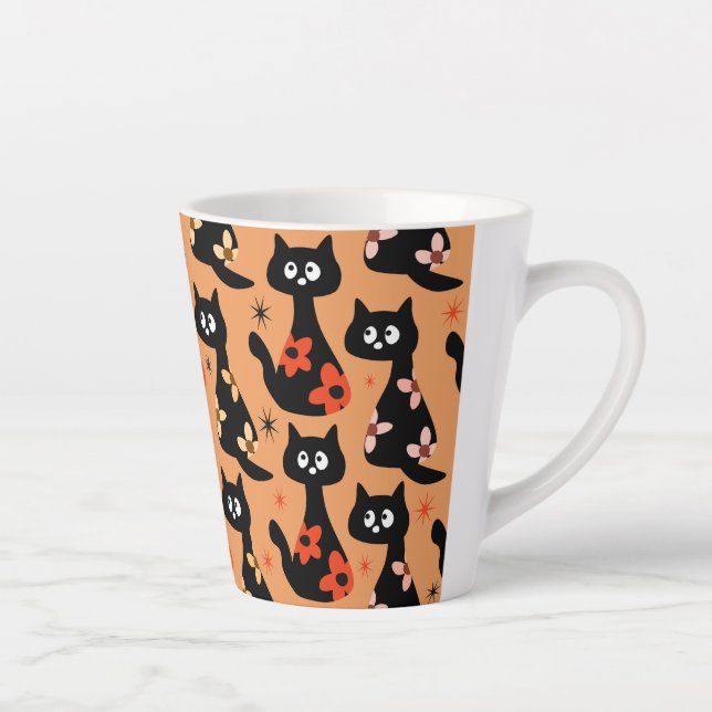 Retro Floral Black Cats (Orange) Latte Mug (Right)