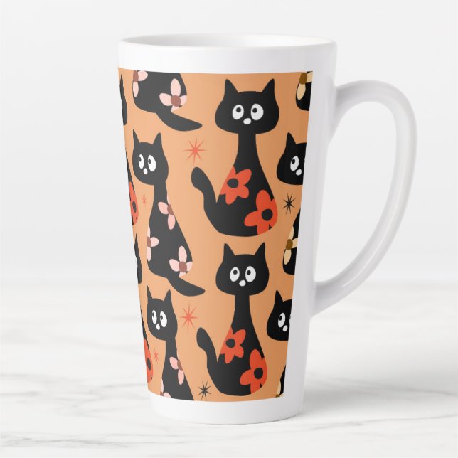 Retro Floral Black Cats (Orange) Latte Mug (Right)