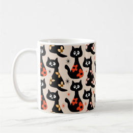 Retro Floral Black Cats (Soft Beige) Coffee Mug