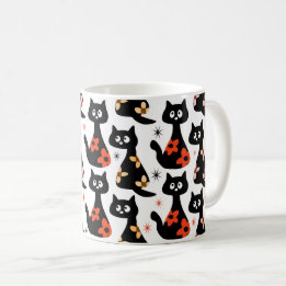 Retro Floral Black Cats (White) Coffee Mug