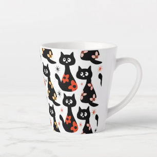 Retro Floral Black Cats (White) Latte Mug