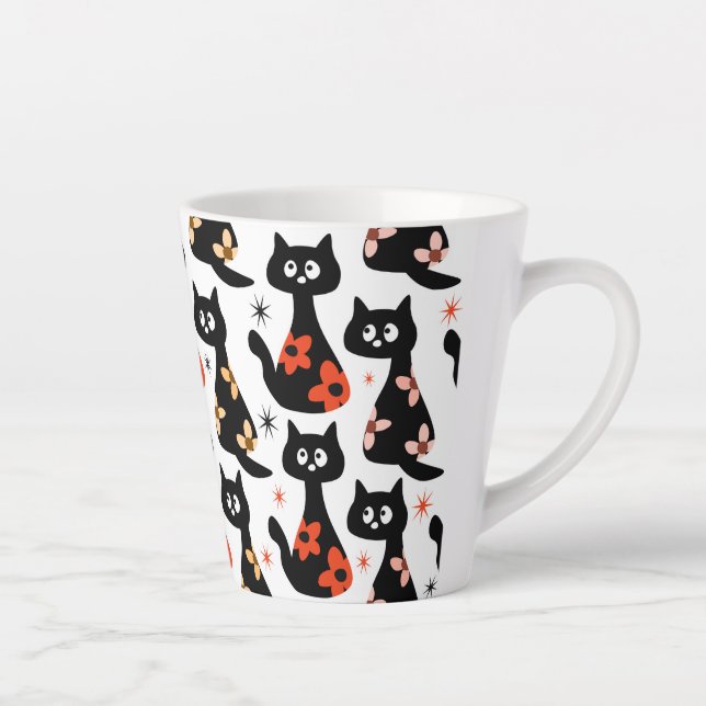 Retro Floral Black Cats (White) Latte Mug (Right)