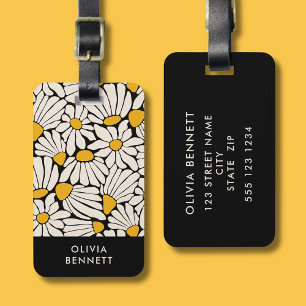 Retro Floral black yellow block print Luggage Tag