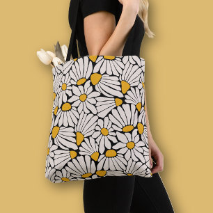 Retro Floral black yellow block print Tote Bag