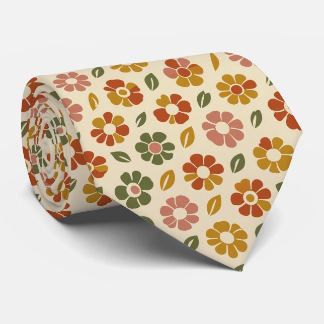 Retro Floral Bloom Pattern Tie (Rolled)