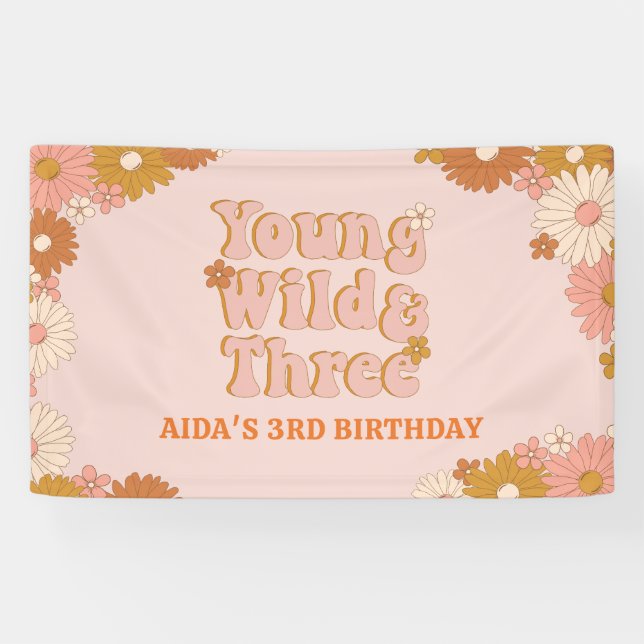  Retro Floral Boho 3rd Birthday Backdrop Banner (Horizontal)