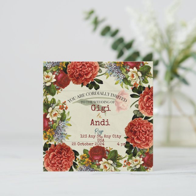 Retro Floral Boho Wedding Invitation (Standing Front)