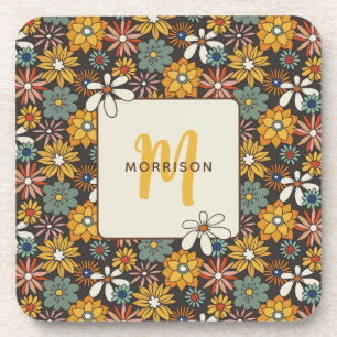 Retro Floral Brown Gold Teal Personalised  Coaster