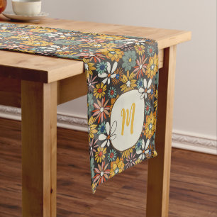 Retro Floral Brown Gold Teal Personalised  Long Table Runner