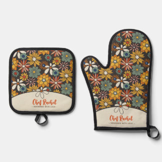 Retro Floral Brown Gold Teal Personalised  Oven Mitt & Pot Holder Set