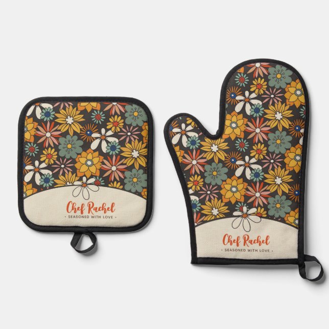 Retro Floral Brown Gold Teal Personalised  Oven Mitt & Pot Holder Set (Front)
