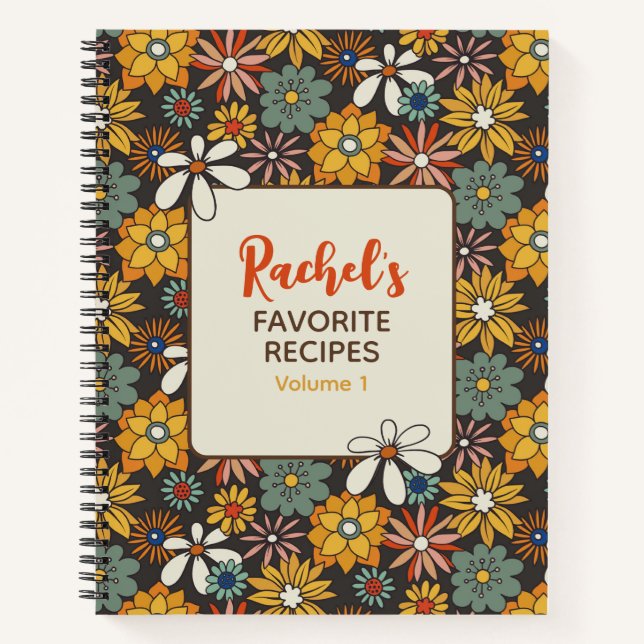 Retro Floral Brown Gold Teal Personalised Recipe Notebook (Front)