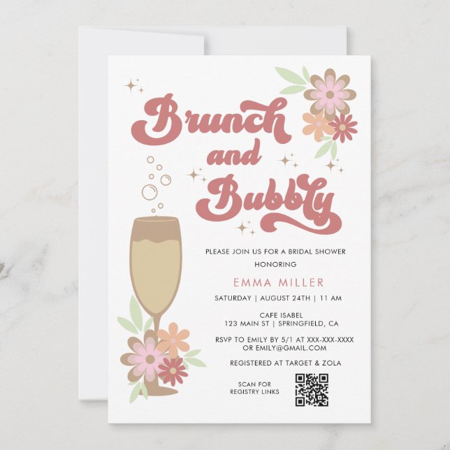 Retro Floral Brunch and Bubbly Bridal Shower Invitation (Front)
