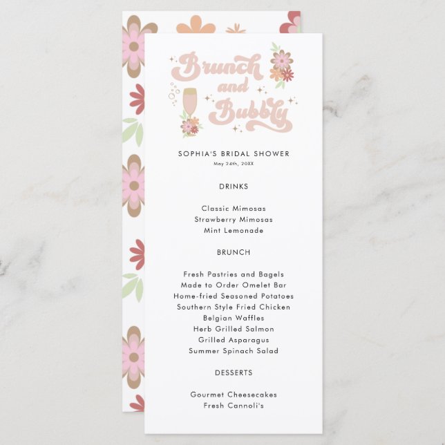 Retro Floral Brunch and Bubbly Bridal Shower  Menu (Front/Back)
